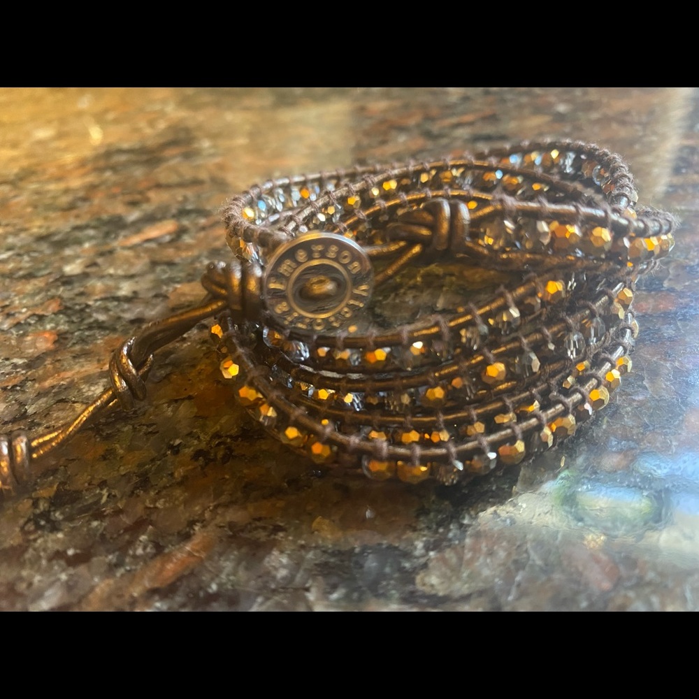 NWOT Victoria Emerson amber gold crystals beads on brown wrap bracelet.